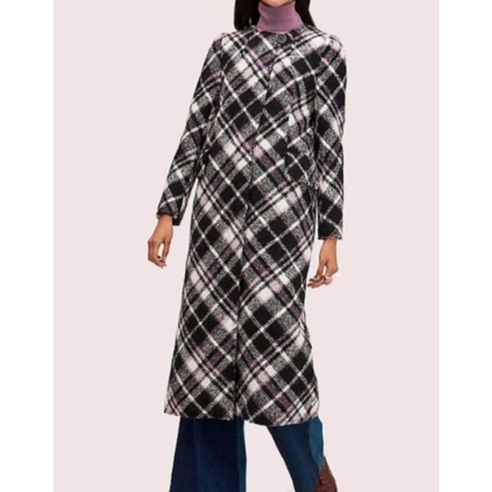 Kate Spade New York Plaid Bouclé Wool Alpaca Long Coat In Black and Lilac sz 00